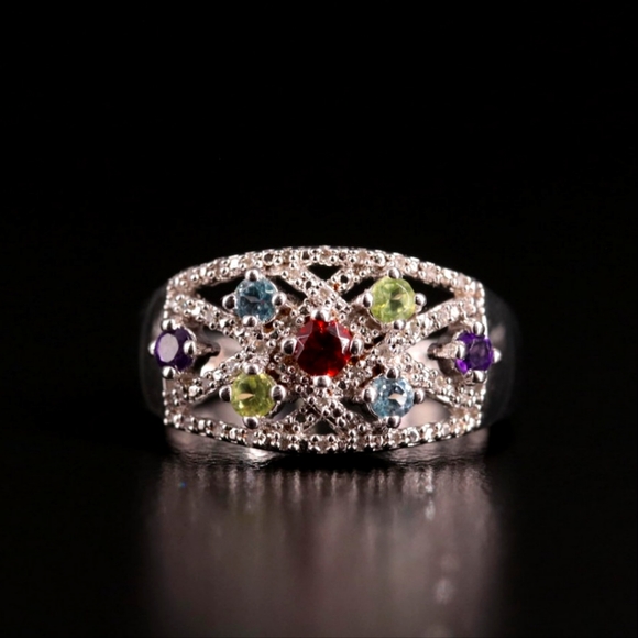 Sterling Silver Openwork Ring with Garnet, Blue Topaz, and Diamond Stone… - Picture 2 of 8